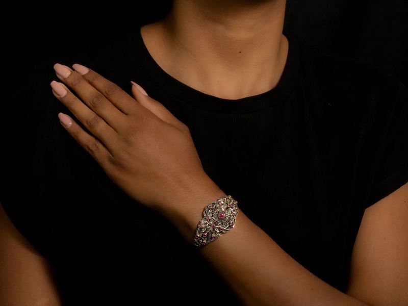 Bracciale in Oro Giallo e Argento con Diamanti e Rubini