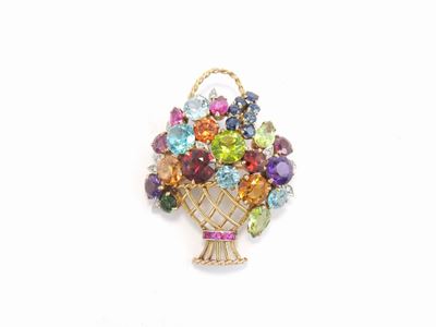 Spilla in Oro Giallo con Diamanti e Gemme Multicolori