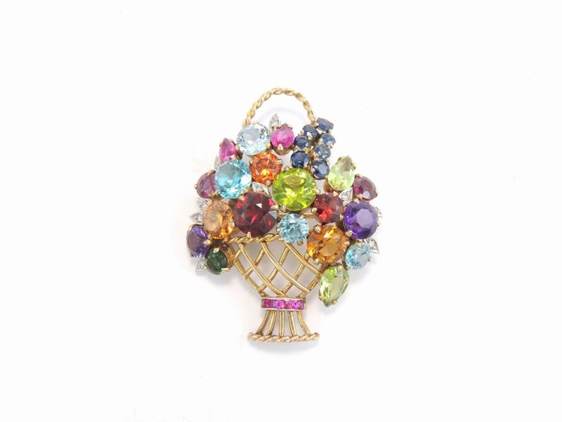 Spilla in Oro Giallo con Diamanti e Gemme Multicolori