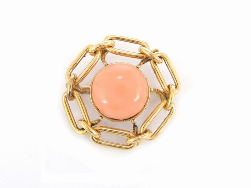 Spilla in Oro Giallo con Corallo Rosa Arancio