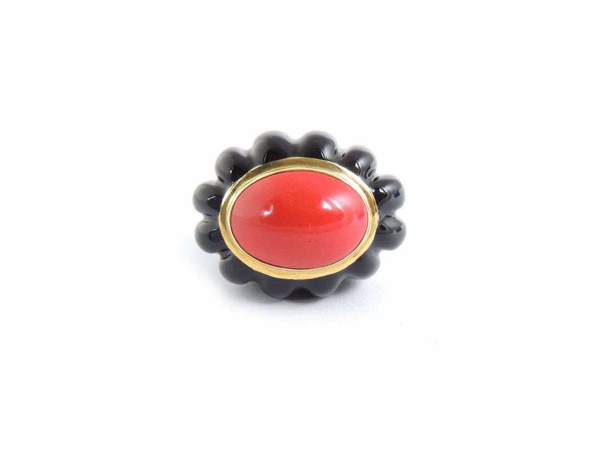 Anello in Oro Giallo e Argento 925/1000 Allegra con Corallo Rosso e Smalto Nero