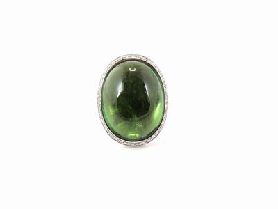 Anello in Oro Bianco con Diamanti e Grande Tormalina Verde
