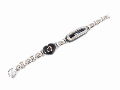 Bracciale in Oro Bianco e Argento con Diamanti, Onice Nero e Smalto Nero