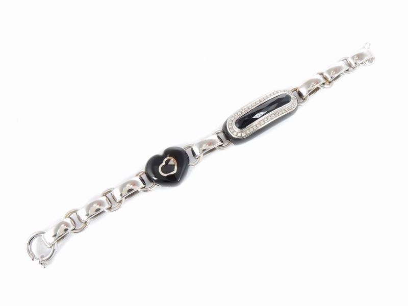 Bracciale in Oro Bianco e Argento con Diamanti, Onice Nero e Smalto Nero