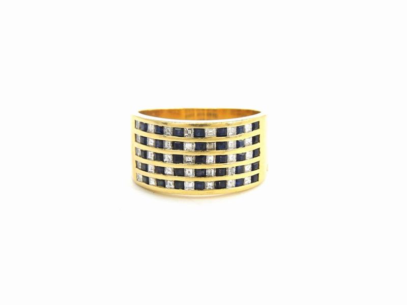 Anello a Fascia in Oro Giallo con Diamanti e Zaffiri
