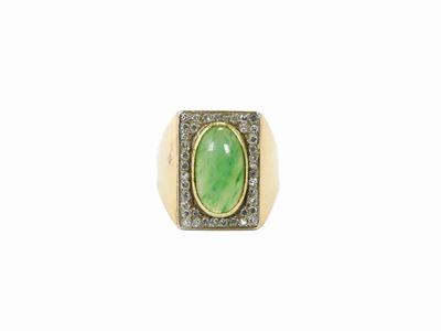 Anello a Fascia in Oro Bianco e Giallo con Diamanti e Giada Verde
