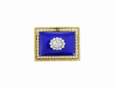 Spilla in Oro Bianco e Giallo con Diamanti e Smalto Blu