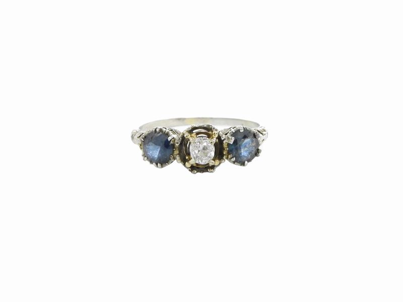 Anello in Oro Bianco con Diamante e Zaffiri