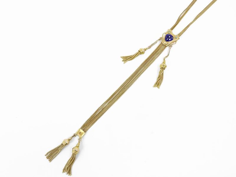 Lunga Catena Saliscendi in Oro Rosa a Basso Titolo con Paste Vitree e Smalti Blu