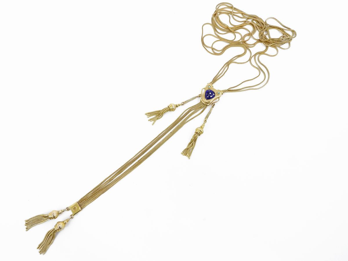 Lunga Catena Saliscendi in Oro Rosa a Basso Titolo con Paste Vitree e Smalti Blu
