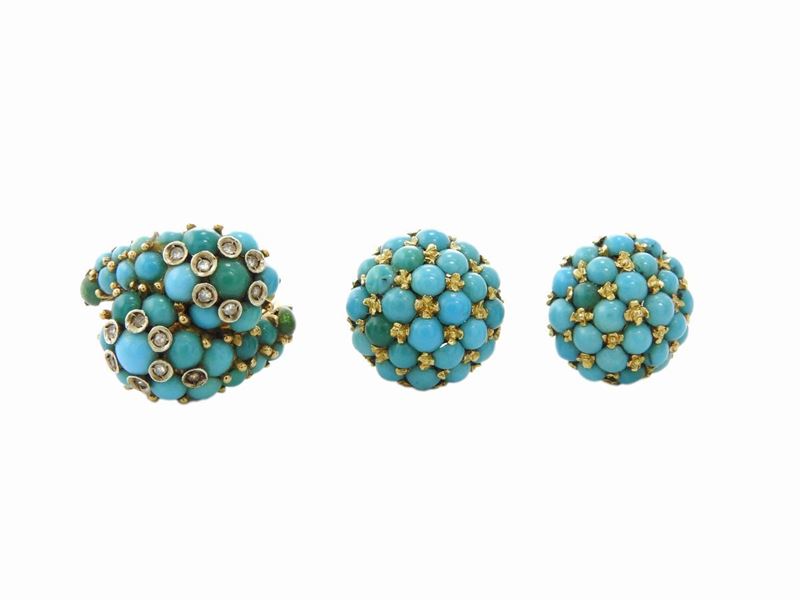 Demi Parure Anello da Mignolo e Orecchini in Oro Giallo con Diamanti e Turchese