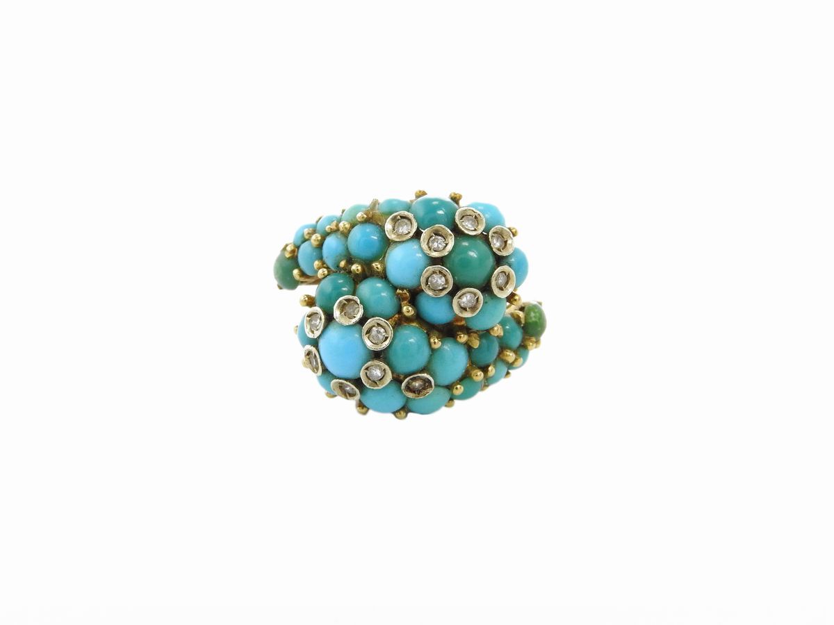 Demi Parure Anello da Mignolo e Orecchini in Oro Giallo con Diamanti e Turchese