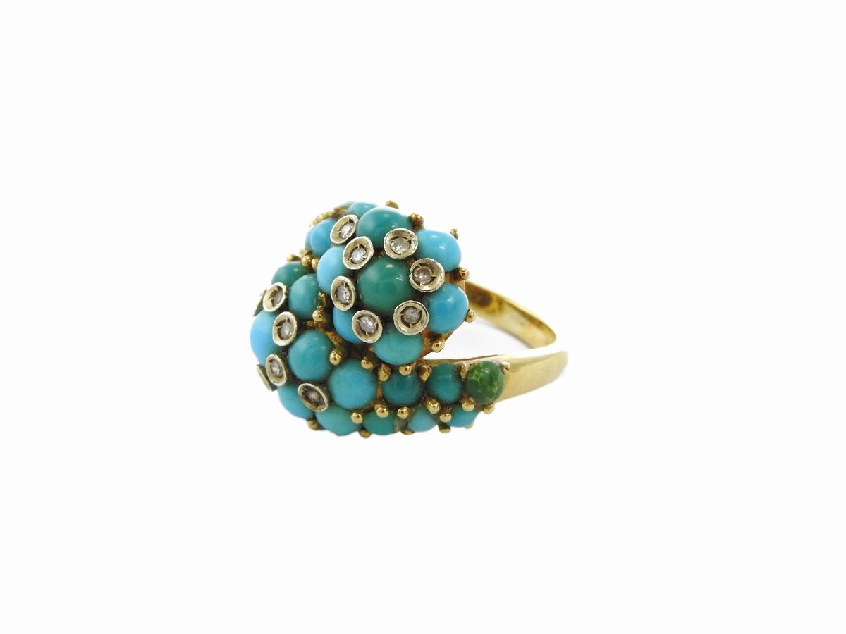 Demi Parure Anello da Mignolo e Orecchini in Oro Giallo con Diamanti e Turchese