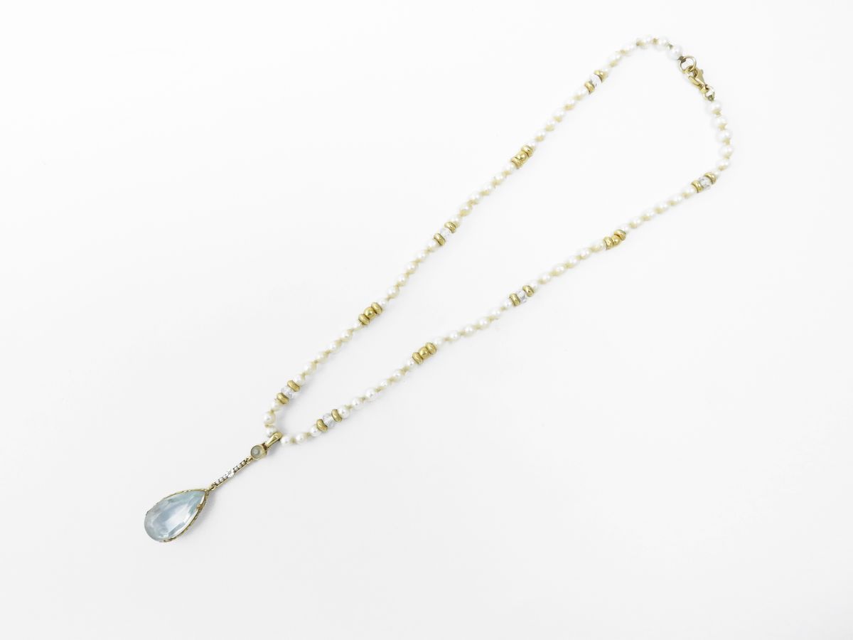 Girocollo e Pendente in Oro Giallo con Perle Coltivate e Acquamarine