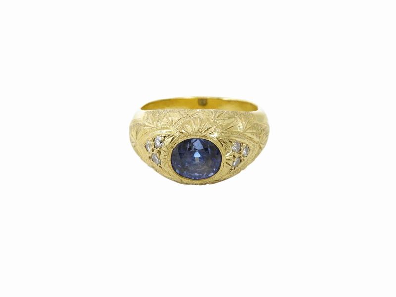 Anello da Mignolo in Oro Giallo con Diamanti e Zaffiro