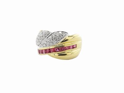 Anello a Fascia in Oro Bianco e Giallo con Diamanti e Rubini