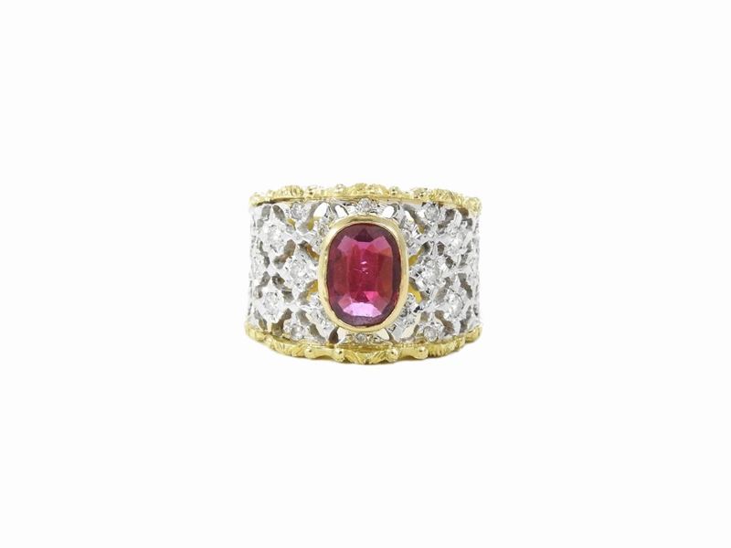 Anello a Fascia in Oro Bianco e Giallo con Diamanti e Rubino