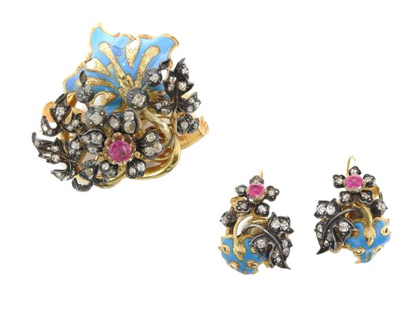 Yellow gold and silver demi parure brooch and earrings with diamonds, rubies and blue enamel