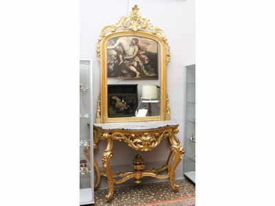 Console con Specchiera in Legno Intagliato e Dorato