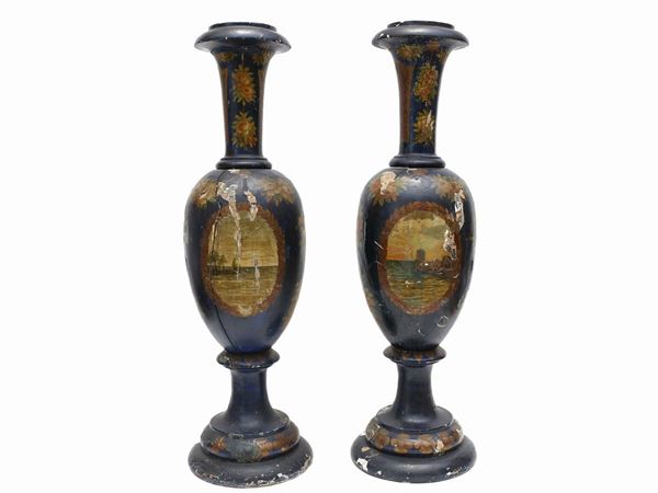 A pair of two vases in lacquered wood
