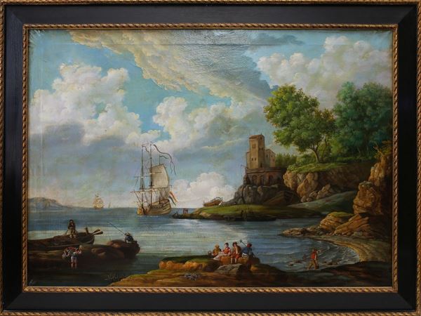 Seascape with sailing ship and figures