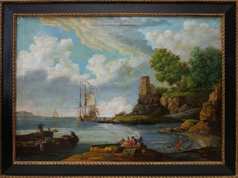 Paesaggio Marino con Veliero e Figure
