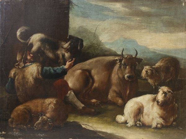 Cerchia di Rosa da Napoli - Pastore con cane e armenti