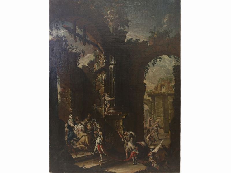 Cerchia di Clemente Spera - Prospettiva Architettonica con L'adorazione dei Magi
