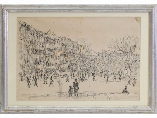 Guido Borgianni : Piazza Santo Spirito 1949  ((1915-2011))  - Auction Furniture, Paintings and Curiosities from Private Collections - Maison Bibelot - Casa d'Aste Firenze - Milano