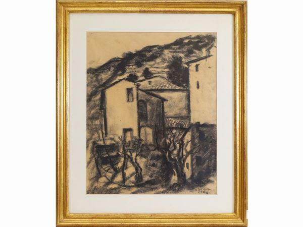 Alberto Caligiani : Paesaggio 1942  ((1894-1973))  - Asta Arredi, Dipinti e Curiosità da Collezioni Private - Maison Bibelot - Casa d'Aste Firenze - Milano