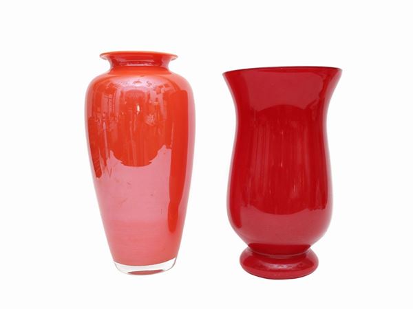 Two red glass vases