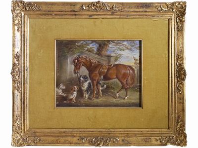 Scorcio di Strada con Cani e Cavallo