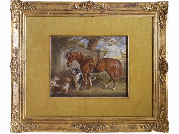 Scuola inglese della fine del XIX secolo - Scorcio di strada con cani e cavallo