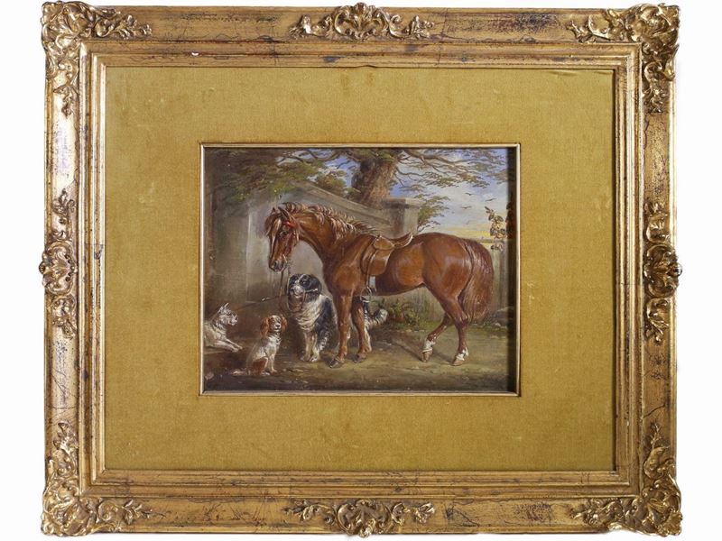 Scuola Inglese della Fine del XIX Secolo - Scorcio di Strada con Cani e Cavallo