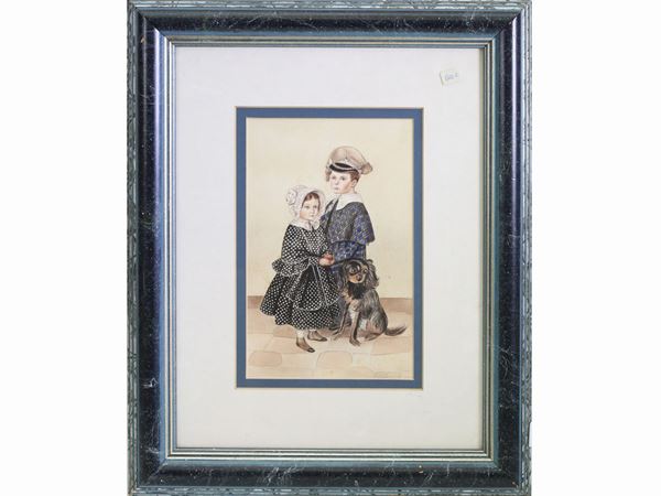 Due bambini con cane  (fine del XIX secolo)  - Asta Arredi, Dipinti e Curiosità da Collezioni Private - Maison Bibelot - Casa d'Aste Firenze - Milano