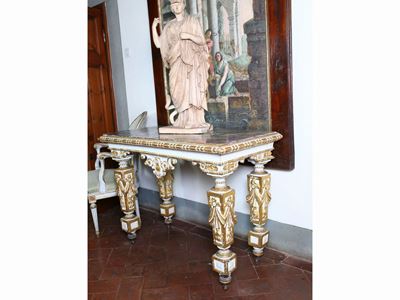 Tavolo a Muro in Legno Laccato Bianco e Lumeggiato in Oro