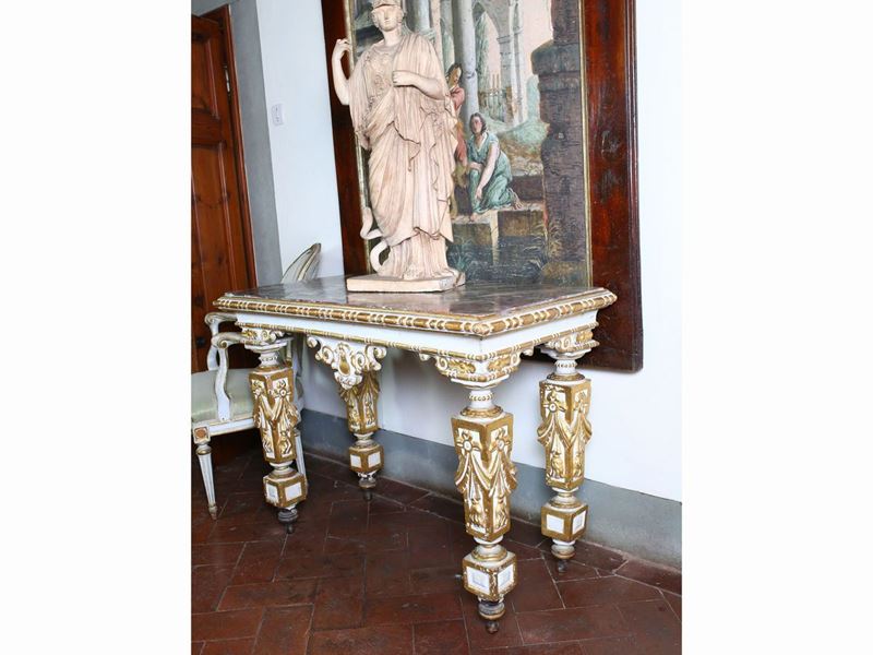 Tavolo a Muro in Legno Laccato Bianco e Lumeggiato in Oro