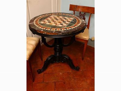 Tavolino da Gioco in Marmi e Legno Ebanizzato