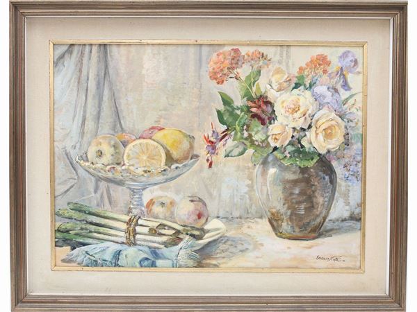 Enrico Nuti : Still life with flowers and fruits  ((1902-1978))  - Auction Furniture, Paintings and Curiosities from Private Collections - Maison Bibelot - Casa d'Aste Firenze - Milano