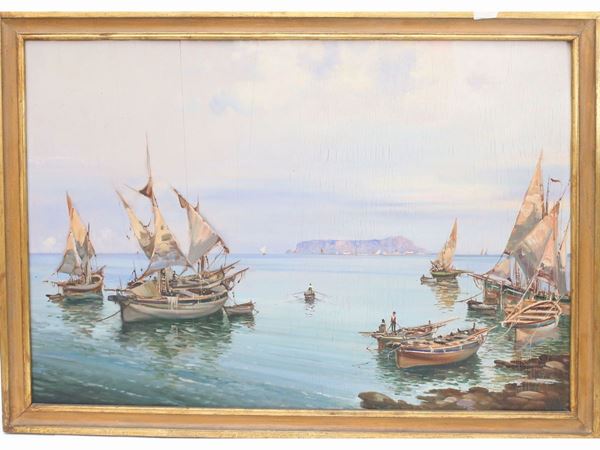 Scuola toscana del XX secolo : Seascape with boats  ((1902-1978))  - Auction Furniture, Paintings and Curiosities from Private Collections - Maison Bibelot - Casa d'Aste Firenze - Milano