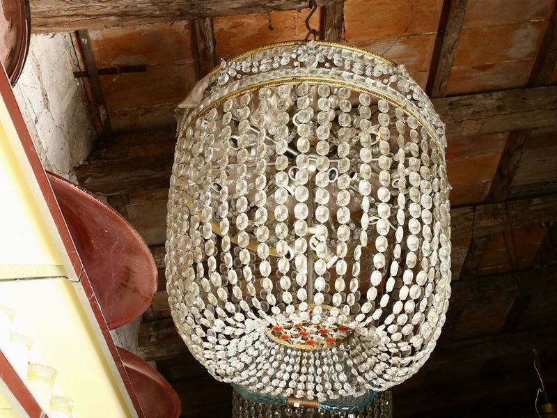 Grande Lampadario a Paniere in Cristallo e Metallo Dorato