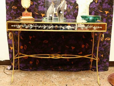 Tavolino-toilette da Centro in Specchio e Ferro Battuto Dorato