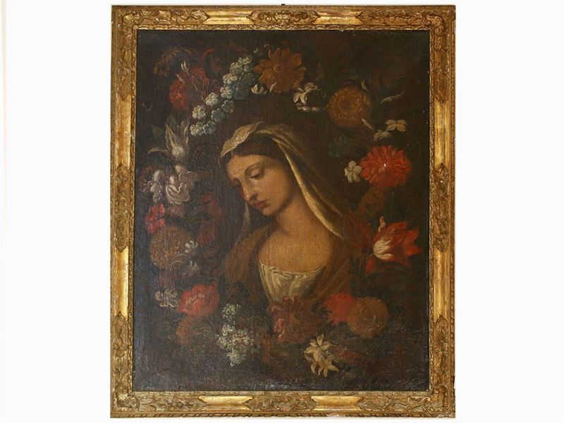 Cerchia di Giovanni Stanchi - Ghirlanda di Fiori con il Volto della Madonna