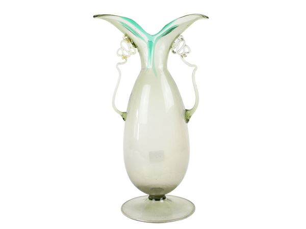 Aqua green glass vase with hot applied handles
