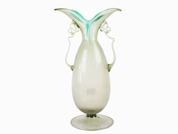Aqua green glass vase with hot applied handles