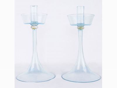 Coppia di Candelieri in Vetro Soffiato Verde Acqua