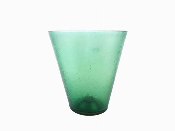 Truncated cone vase in acid-worked green glass