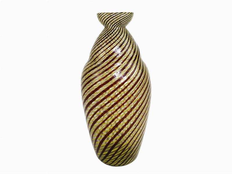 Vasetto in Vetro Soffiato a Canne Colorate Gialle e Marroni Disposte a Spirale