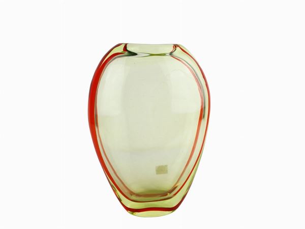 Vaso in vetro Cenedese color giallo paglierino con bande rosse laterali