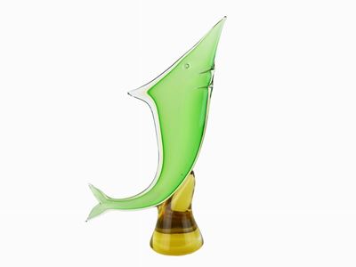 Pesce in Vetro Sommerso Verde e Base Gialla